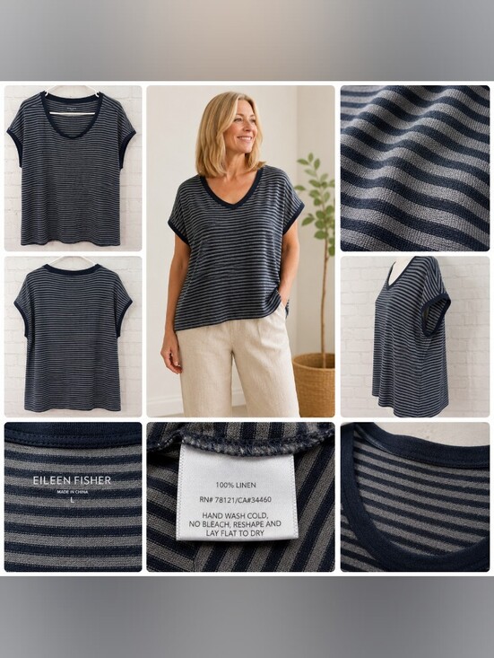 Eileen Fisher Tops - Eileen Fisher 100% Linen Gray Navy Striped Boxy Tee Top Large L